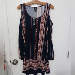 Derek Heart long sleeve Cold Shoulder  Navy orange paisley Midi Dress NEW MEDIUM